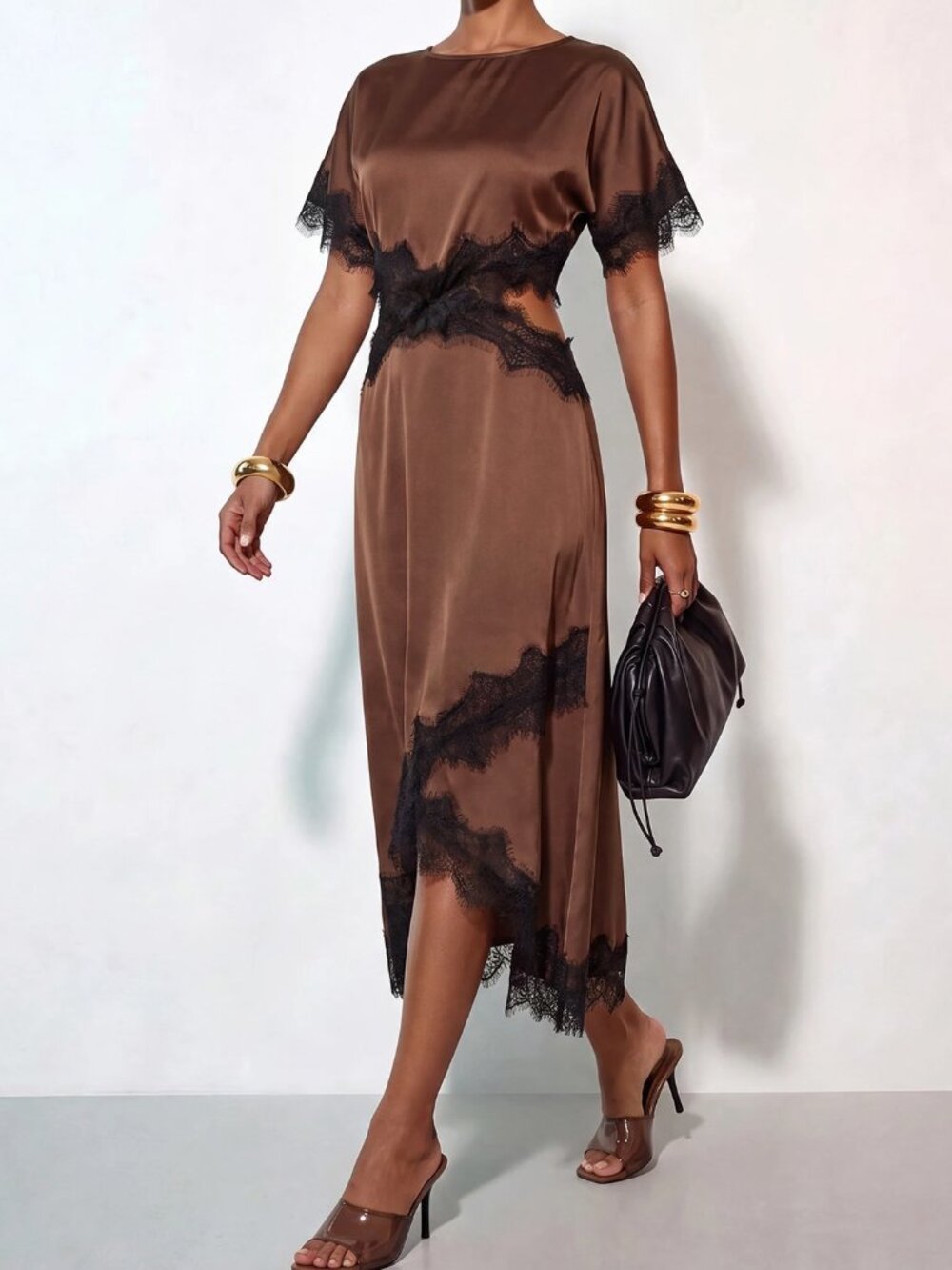 Brown Elegant Women's Round Neck Batwing High Waist Midi A-Line Dress